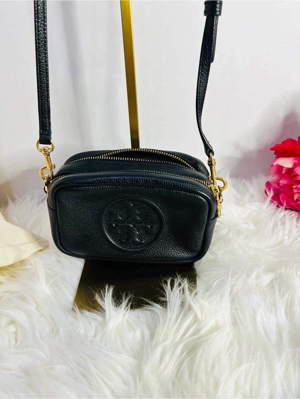 Tory Burch Black Pebbled Leather Perry Bombe Mini Crossbody with Gold Hardware